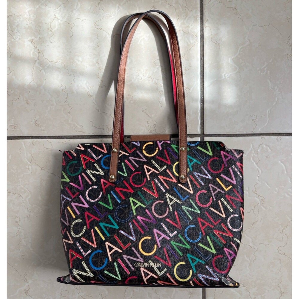 Calvin Klein Purse Dilan Shoulder Bag Colorful Logo Red Brown Medium Multicolor